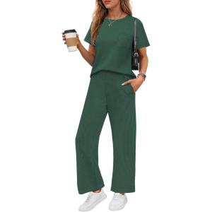imageEkouaer Womens Ribbed Knit Lounge Set Short Sleeve Top and Long Pants Soft Pajama Set 2 Piece Sleepwear with PocketsDark Green