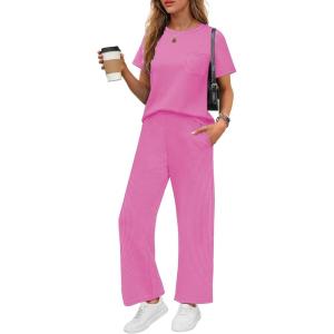 imageEkouaer Womens Ribbed Knit Lounge Set Short Sleeve Top and Long Pants Soft Pajama Set 2 Piece Sleepwear with PocketsHot Pink