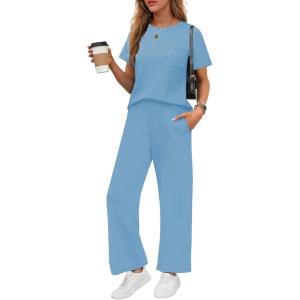 imageEkouaer Womens Ribbed Knit Lounge Set Short Sleeve Top and Long Pants Soft Pajama Set 2 Piece Sleepwear with PocketsLight Blue