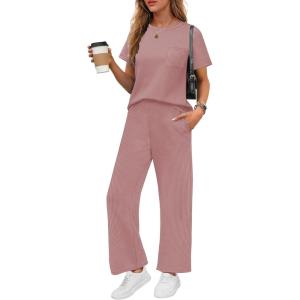 imageEkouaer Womens Ribbed Knit Lounge Set Short Sleeve Top and Long Pants Soft Pajama Set 2 Piece Sleepwear with PocketsLight Pink