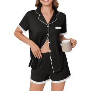 imageEkouaer Womens Short Sleeve Pajamas Set Soft Sleepwear Button Down Lounge Set Lace Top and Shorts Pj NightwearBlack