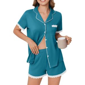 imageEkouaer Womens Short Sleeve Pajamas Set Soft Sleepwear Button Down Lounge Set Lace Top and Shorts Pj NightwearBlue Green