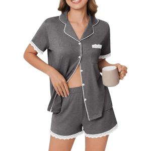 imageEkouaer Womens Short Sleeve Pajamas Set Soft Sleepwear Button Down Lounge Set Lace Top and Shorts Pj NightwearDeep Grey