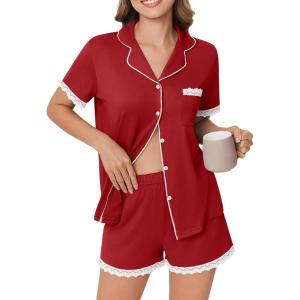 imageEkouaer Womens Short Sleeve Pajamas Set Soft Sleepwear Button Down Lounge Set Lace Top and Shorts Pj NightwearDeep Red