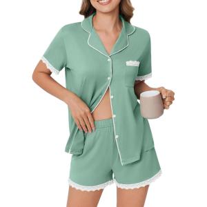 imageEkouaer Womens Short Sleeve Pajamas Set Soft Sleepwear Button Down Lounge Set Lace Top and Shorts Pj NightwearGreen