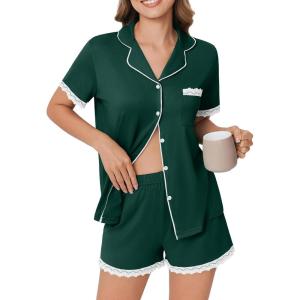 imageEkouaer Womens Short Sleeve Pajamas Set Soft Sleepwear Button Down Lounge Set Lace Top and Shorts Pj NightwearLake Green