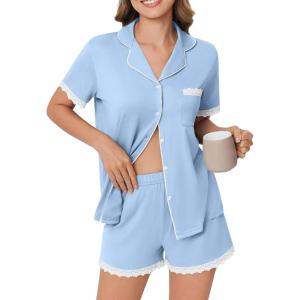 imageEkouaer Womens Short Sleeve Pajamas Set Soft Sleepwear Button Down Lounge Set Lace Top and Shorts Pj NightwearLight Blue