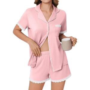 imageEkouaer Womens Short Sleeve Pajamas Set Soft Sleepwear Button Down Lounge Set Lace Top and Shorts Pj NightwearLight Pink
