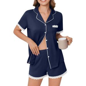 imageEkouaer Womens Short Sleeve Pajamas Set Soft Sleepwear Button Down Lounge Set Lace Top and Shorts Pj NightwearNavy Blue