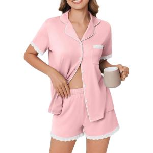 imageEkouaer Womens Short Sleeve Pajamas Set Soft Sleepwear Button Down Lounge Set Lace Top and Shorts Pj NightwearPink