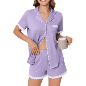 imageEkouaer Womens Short Sleeve Pajamas Set Soft Sleepwear Button Down Lounge Set Lace Top and Shorts Pj NightwearPurple