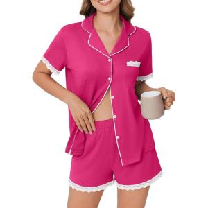 imageEkouaer Womens Short Sleeve Pajamas Set Soft Sleepwear Button Down Lounge Set Lace Top and Shorts Pj NightwearRose Red