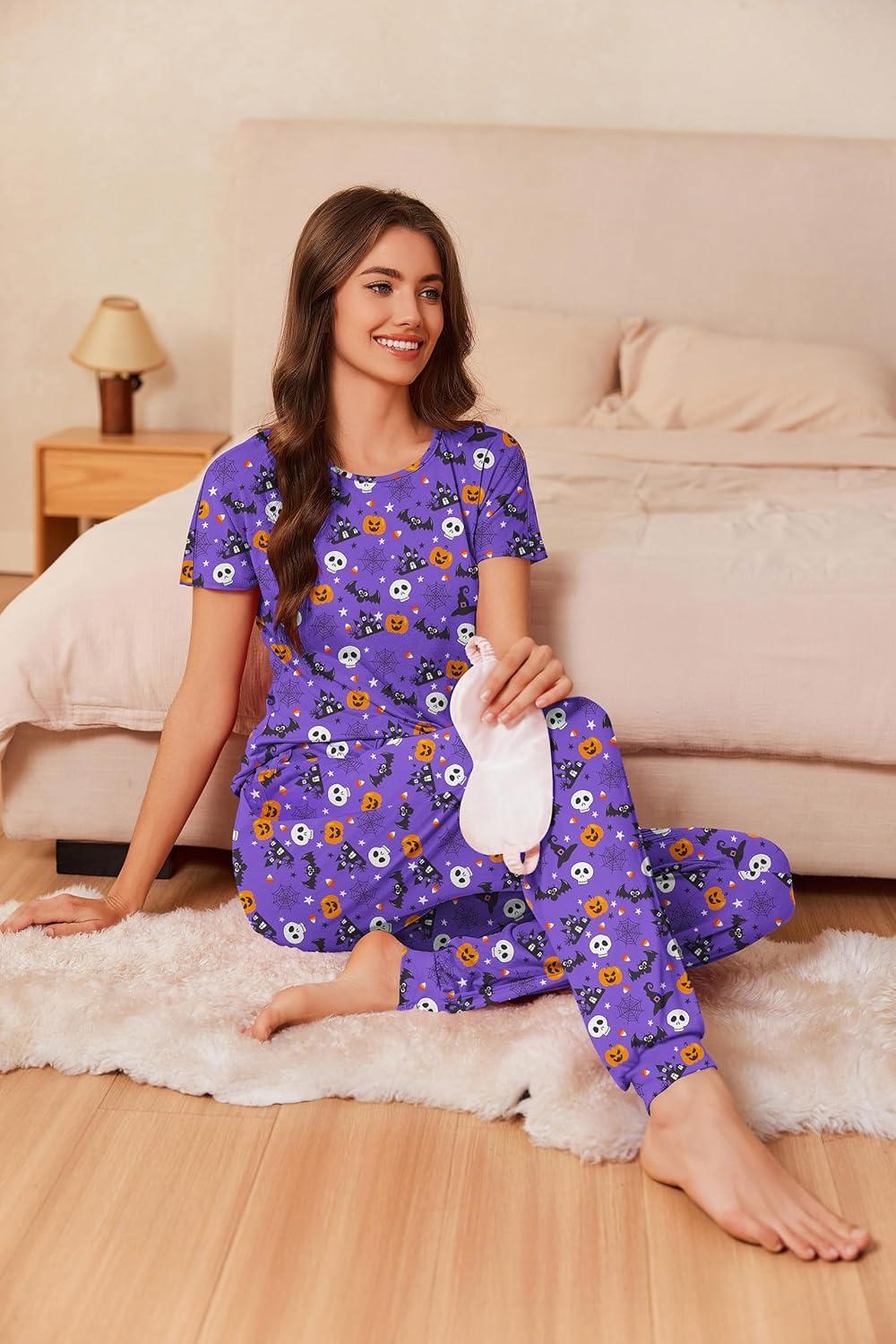 imageEkouaer Womens Pajama Sets Short Sleeve Lounge Sets for Women Printed Jogger Pajama Set 2 Piece Pj Sets With Pockets SXXLPurple Halloween Pattern