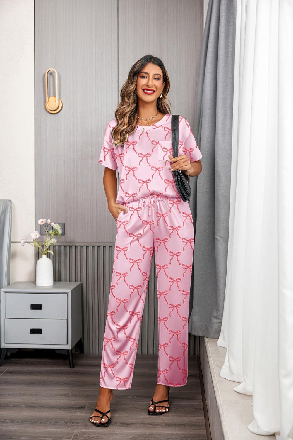 imageEkouaer Womens Satin Silky Pajama Set Short Sleeve Shirt with Long Pajama Pant Set Soft PJ LoungewearBow