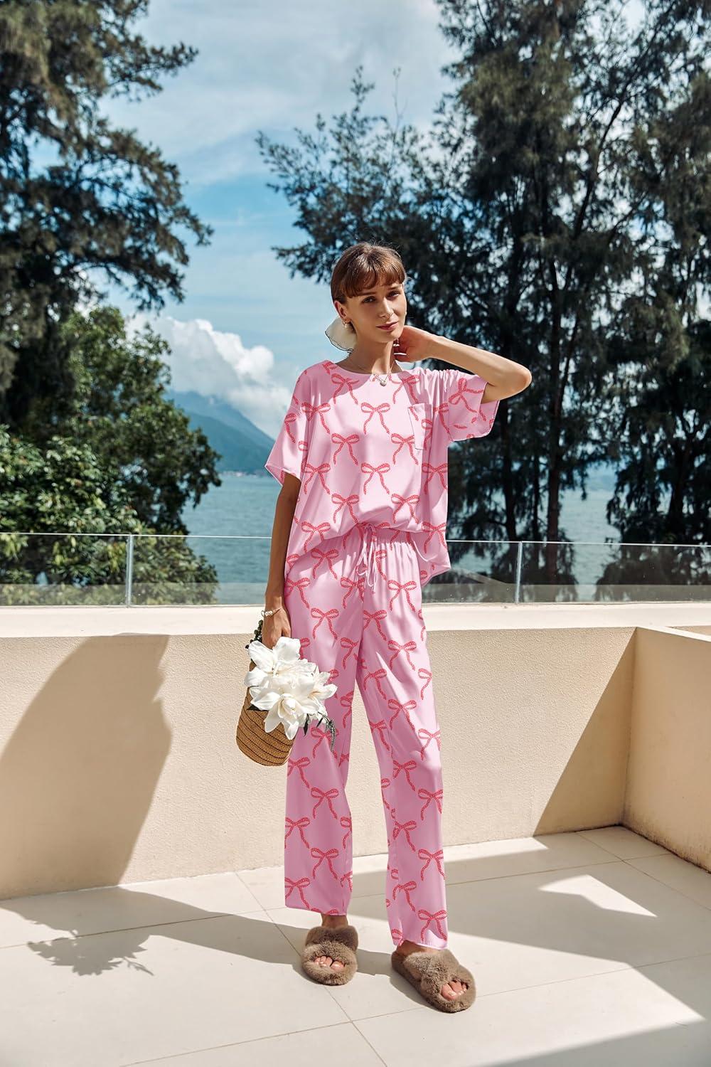 imageEkouaer Womens Satin Silky Pajama Set Short Sleeve Shirt with Long Pajama Pant Set Soft PJ LoungewearBow