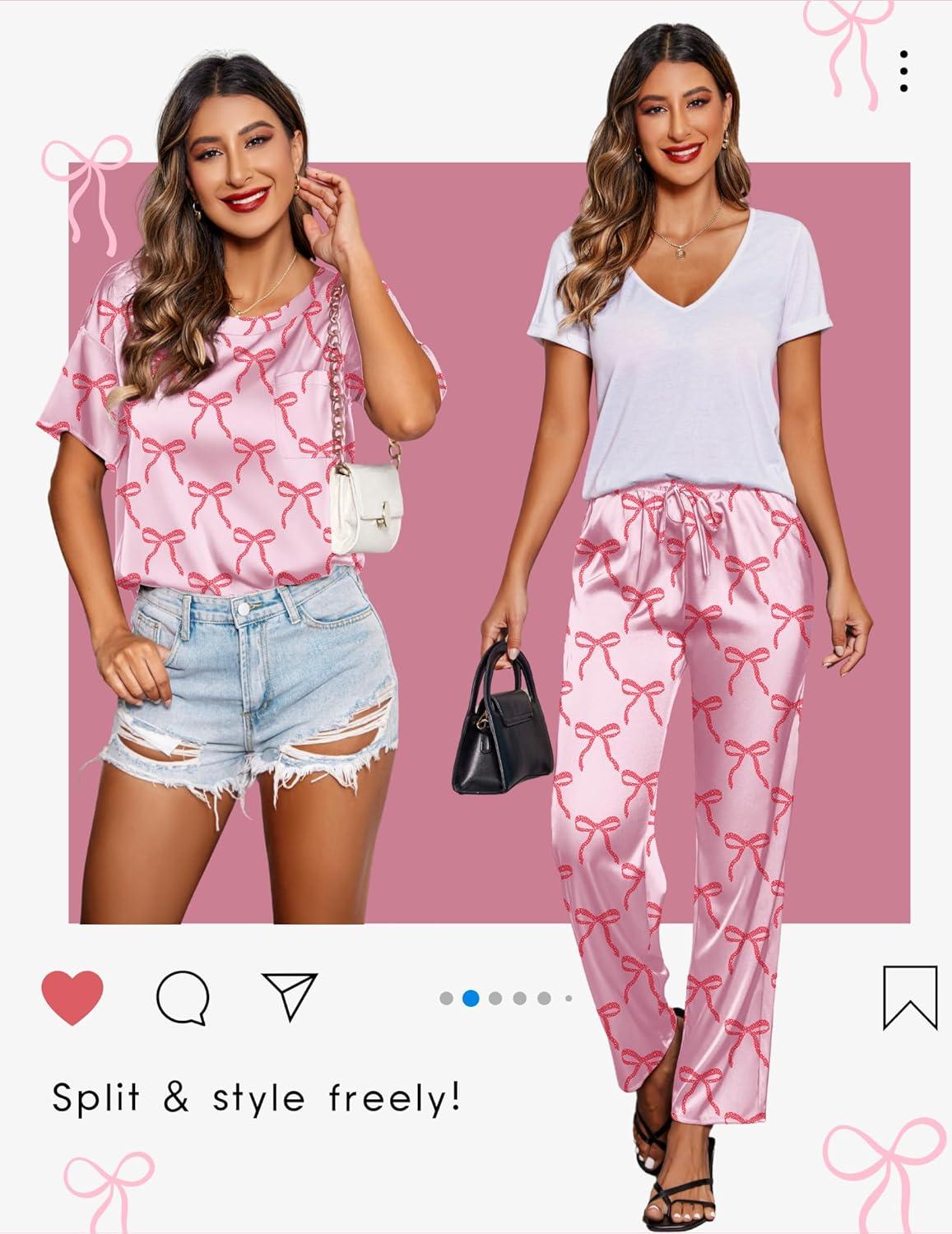 imageEkouaer Womens Satin Silky Pajama Set Short Sleeve Shirt with Long Pajama Pant Set Soft PJ LoungewearBow