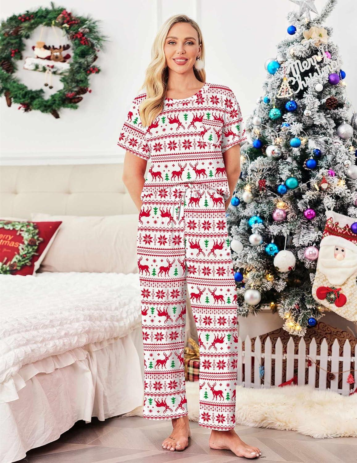 imageEkouaer Womens Satin Silky Pajama Set Short Sleeve Shirt with Long Pajama Pant Set Soft PJ LoungewearChristmas