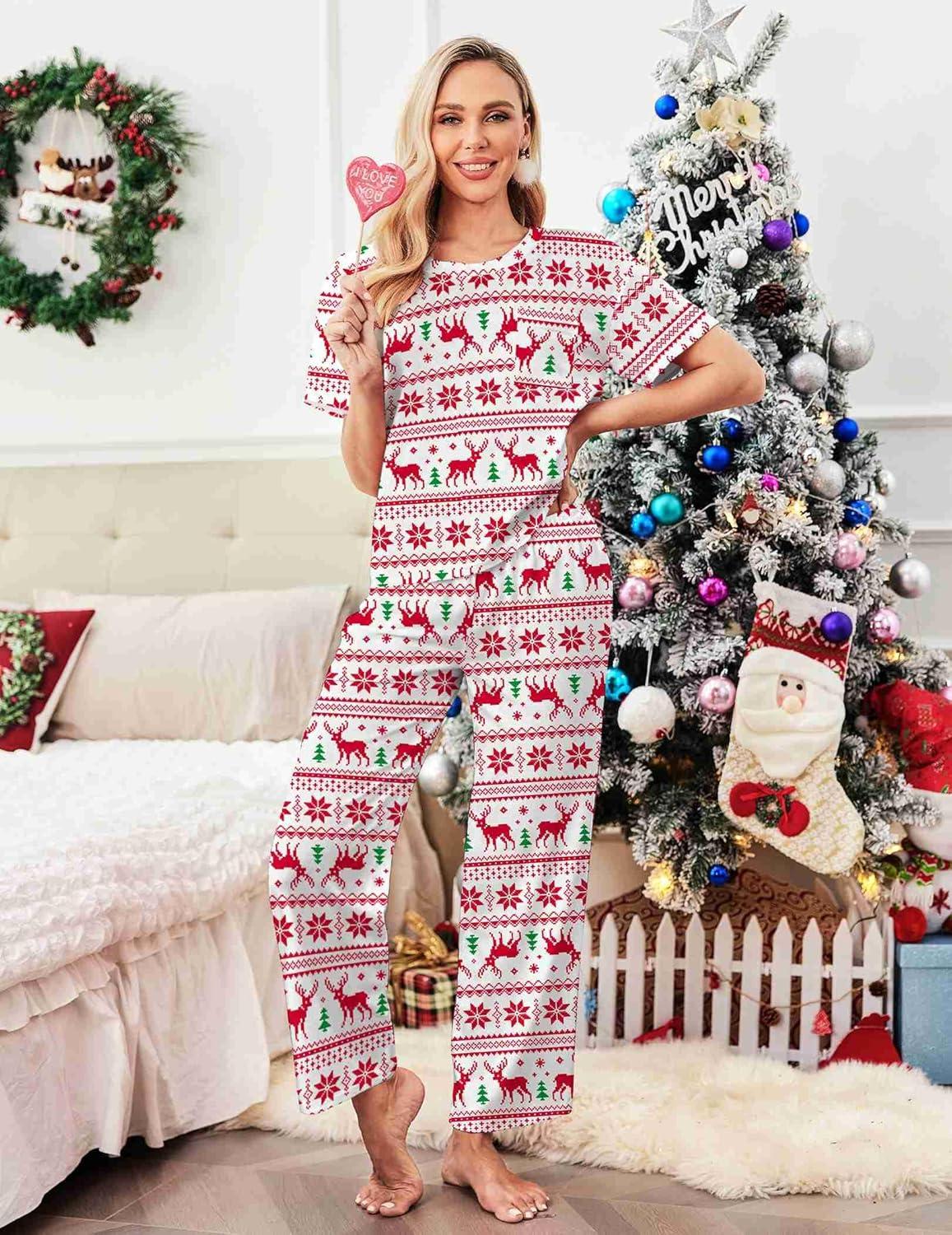 imageEkouaer Womens Satin Silky Pajama Set Short Sleeve Shirt with Long Pajama Pant Set Soft PJ LoungewearChristmas
