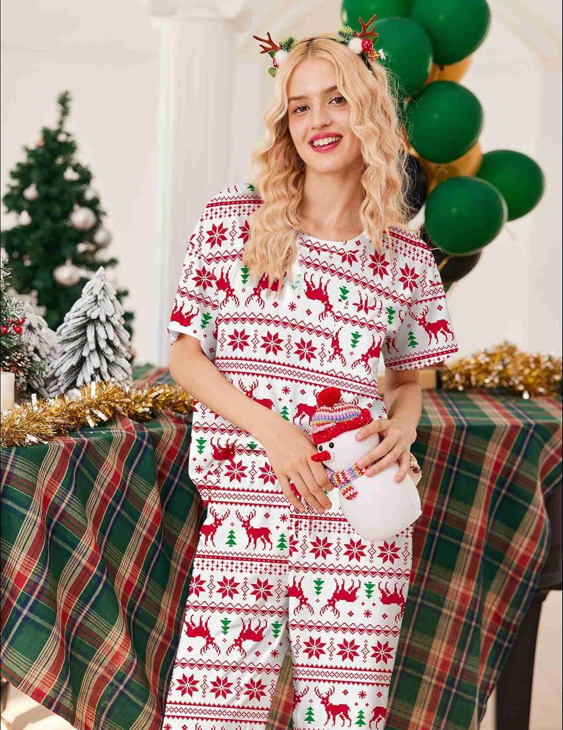 imageEkouaer Womens Satin Silky Pajama Set Short Sleeve Shirt with Long Pajama Pant Set Soft PJ LoungewearChristmas