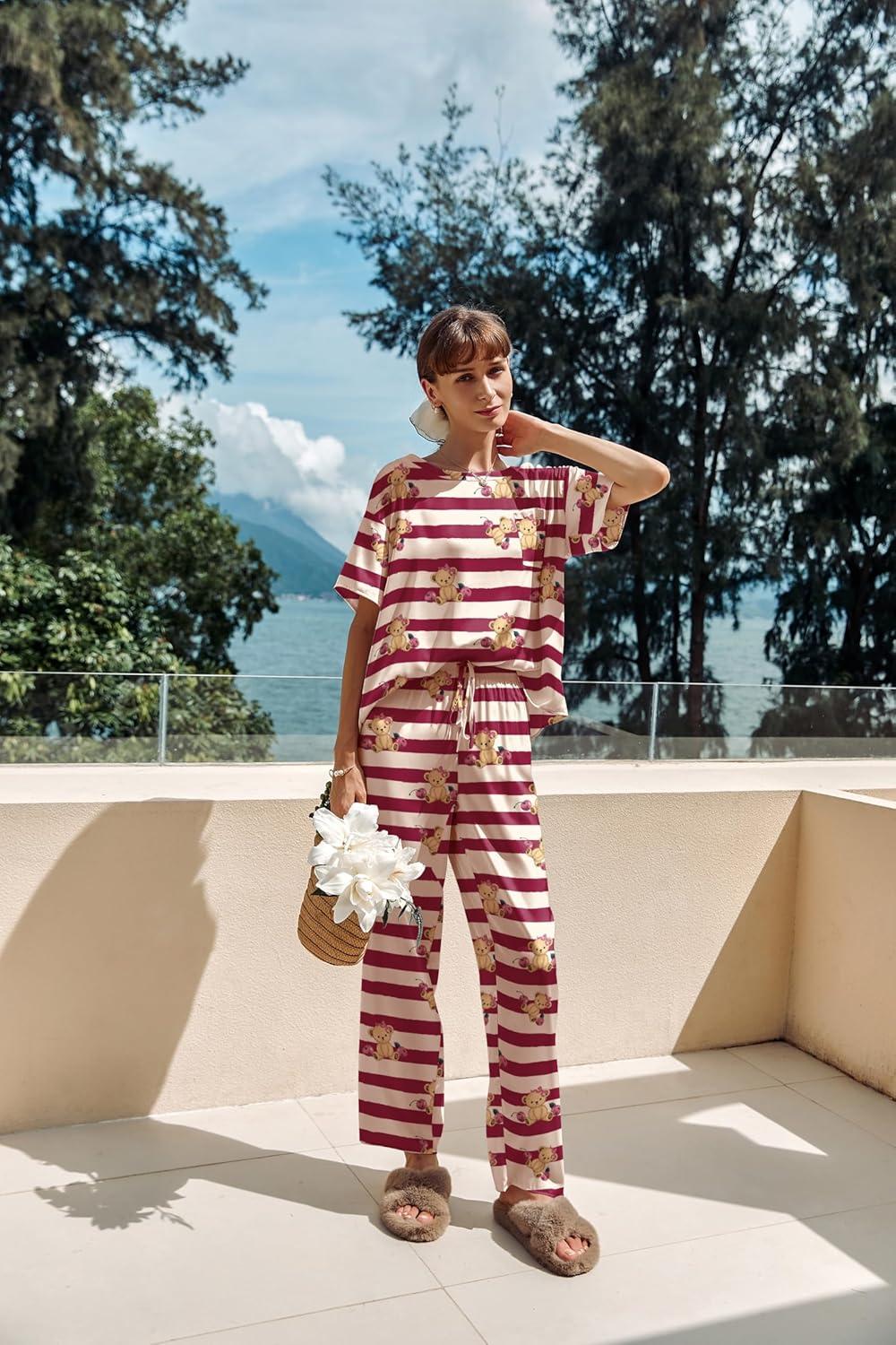 imageEkouaer Womens Satin Silky Pajama Set Short Sleeve Shirt with Long Pajama Pant Set Soft PJ LoungewearStriped Teddy