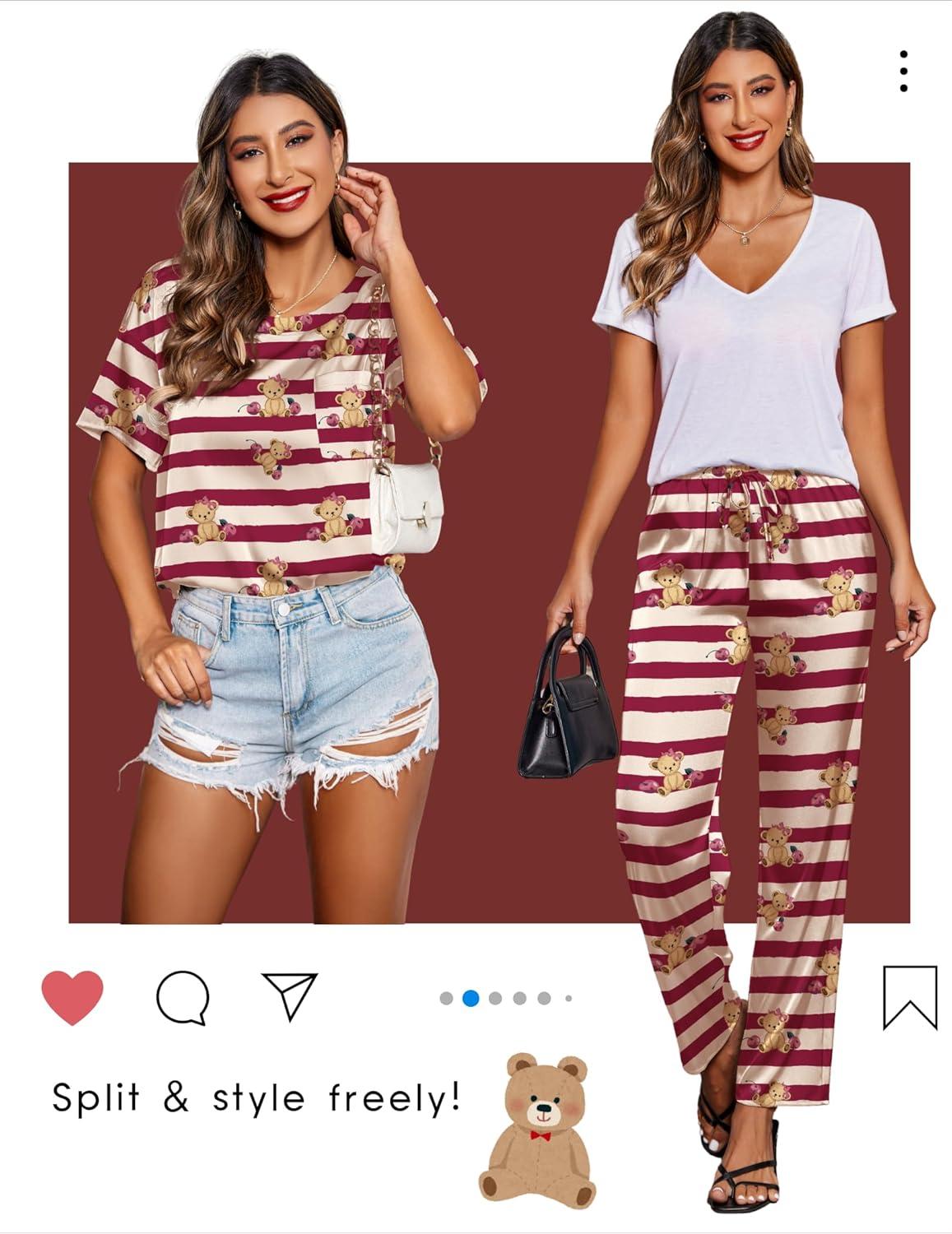 imageEkouaer Womens Satin Silky Pajama Set Short Sleeve Shirt with Long Pajama Pant Set Soft PJ LoungewearStriped Teddy