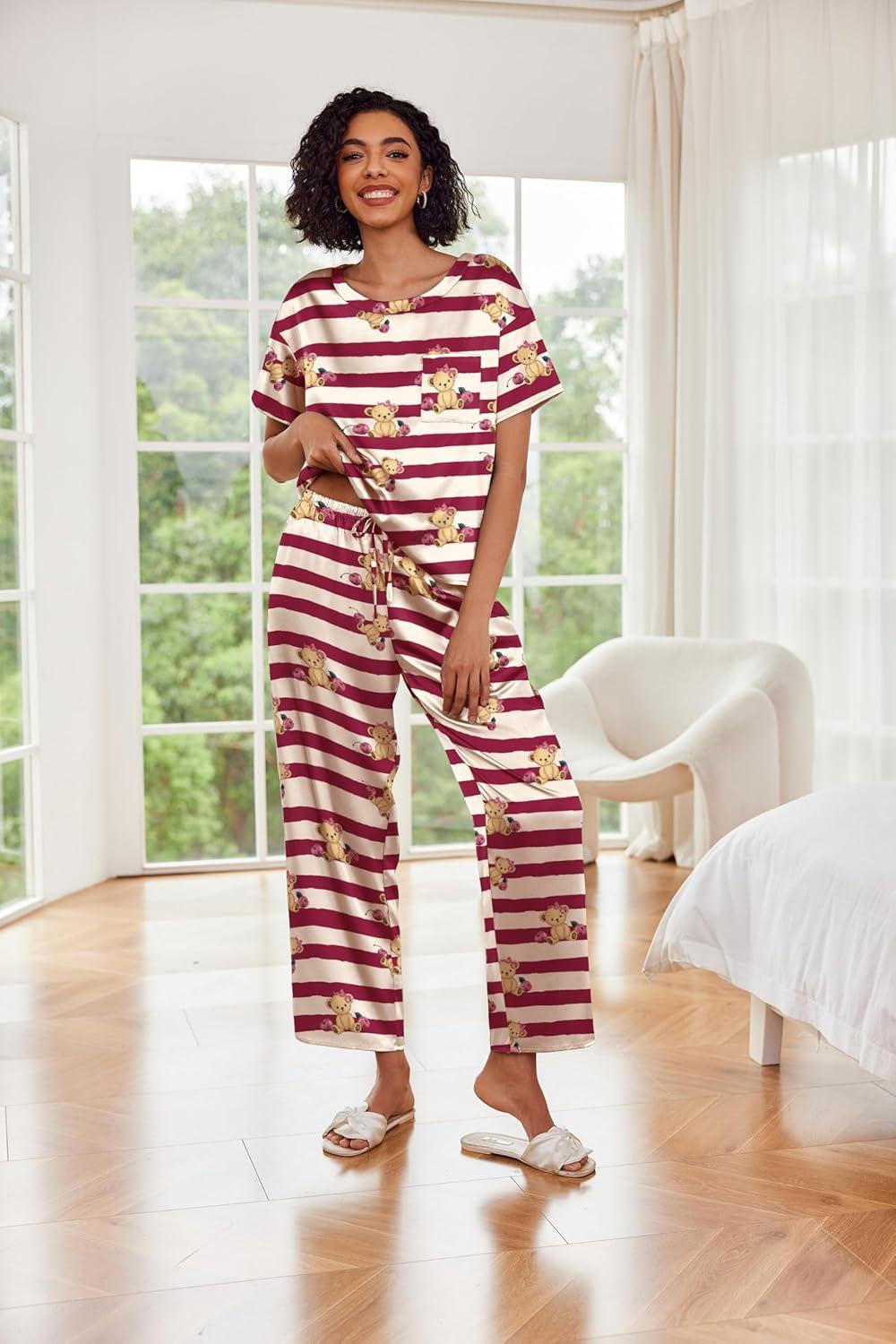 imageEkouaer Womens Satin Silky Pajama Set Short Sleeve Shirt with Long Pajama Pant Set Soft PJ LoungewearStriped Teddy