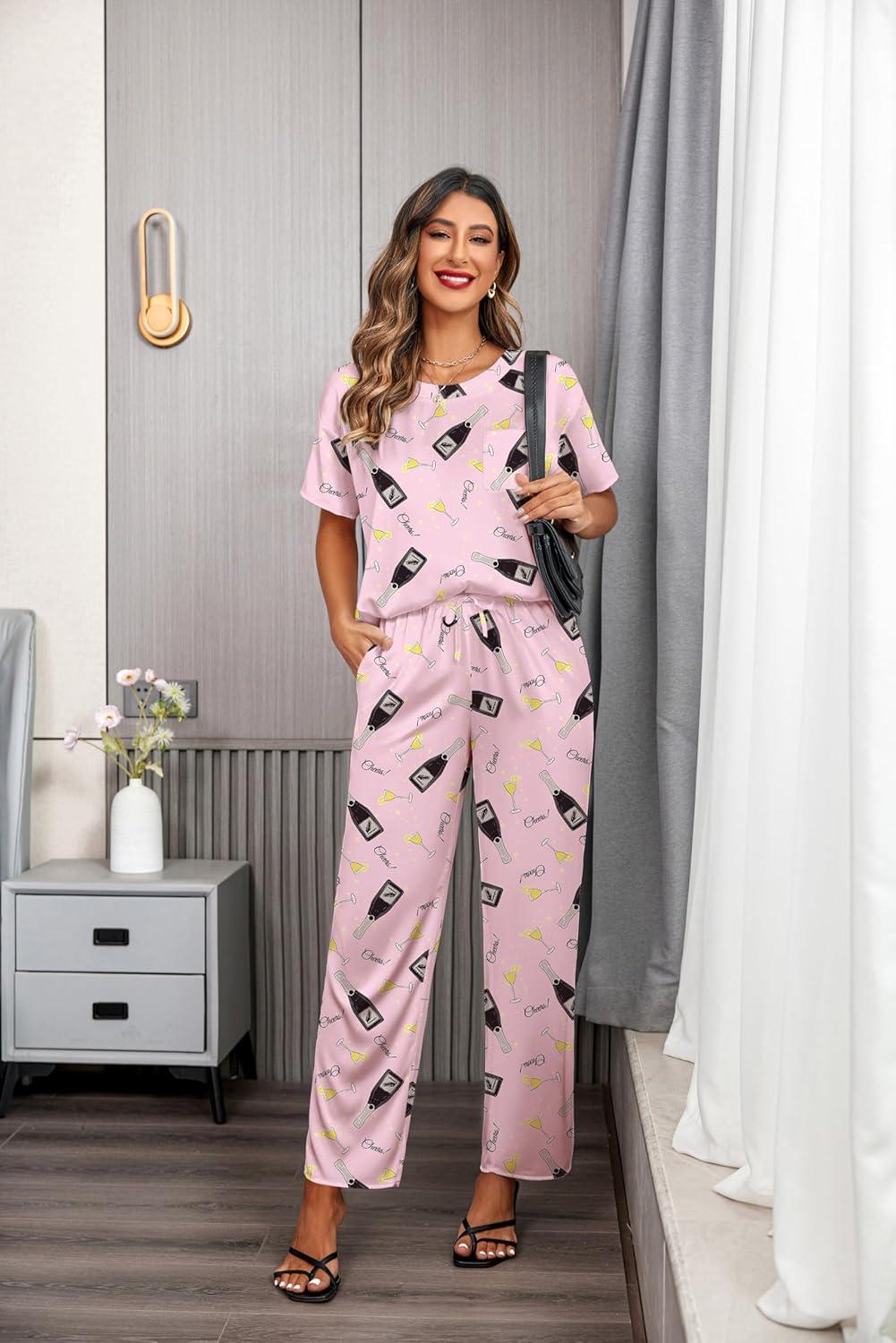 imageEkouaer Womens Satin Silky Pajama Set Short Sleeve Shirt with Long Pajama Pant Set Soft PJ LoungewearWine Glass