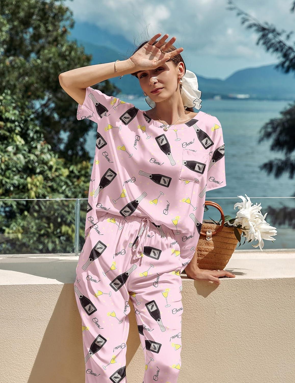 imageEkouaer Womens Satin Silky Pajama Set Short Sleeve Shirt with Long Pajama Pant Set Soft PJ LoungewearWine Glass