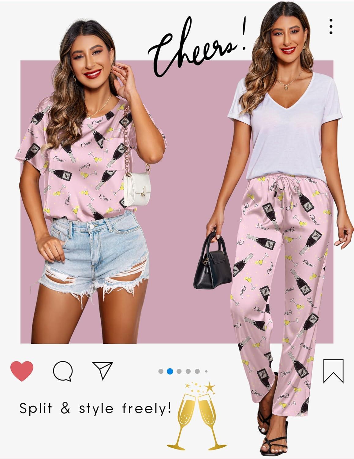 imageEkouaer Womens Satin Silky Pajama Set Short Sleeve Shirt with Long Pajama Pant Set Soft PJ LoungewearWine Glass