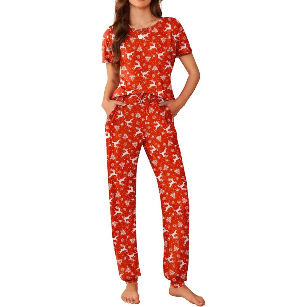 imageEkouaer Womens Pajama Sets Short Sleeve Lounge Sets for Women Printed Jogger Pajama Set 2 Piece Pj Sets With Pockets SXXLElk