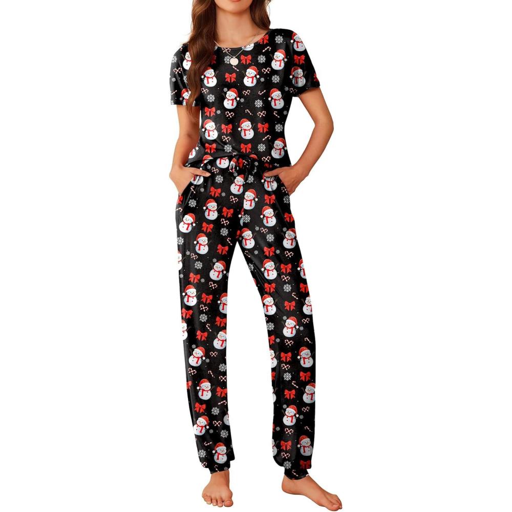 imageEkouaer Womens Pajama Sets Short Sleeve Lounge Sets for Women Printed Jogger Pajama Set 2 Piece Pj Sets With Pockets SXXLSnowman