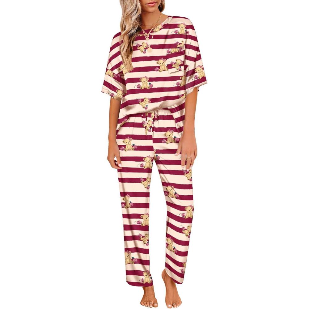 imageEkouaer Womens Satin Silky Pajama Set Short Sleeve Shirt with Long Pajama Pant Set Soft PJ LoungewearStriped Teddy