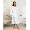 imageEkouaer Womens Long Sleeve Nightgown Full Length Pajama Dress with Pockets V Neck Nightshirts Lace Trim SleepwearWhite With Blue Flower