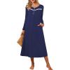 imageEkouaer Womens Long Sleeve Nightgown Full Length Pajama Dress with Pockets V Neck Nightshirts Lace Trim SleepwearNavy Blue