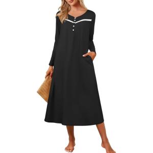 imageEkouaer Womens Long Sleeve Nightgown Full Length Pajama Dress with Pockets V Neck Nightshirts Lace Trim SleepwearBlack