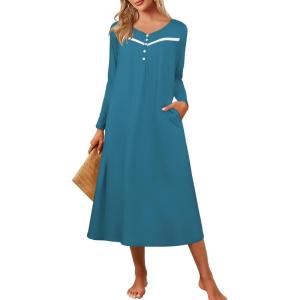 imageEkouaer Womens Long Sleeve Nightgown Full Length Pajama Dress with Pockets V Neck Nightshirts Lace Trim SleepwearBlue