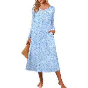 imageEkouaer Womens Long Sleeve Nightgown Full Length Pajama Dress with Pockets V Neck Nightshirts Lace Trim SleepwearBlue Florals