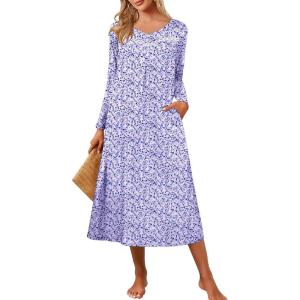 imageEkouaer Womens Long Sleeve Nightgown Full Length Pajama Dress with Pockets V Neck Nightshirts Lace Trim SleepwearFloral Purple