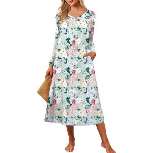 imageEkouaer Womens Long Sleeve Nightgown Full Length Pajama Dress with Pockets V Neck Nightshirts Lace Trim SleepwearGreen With Pink Flower