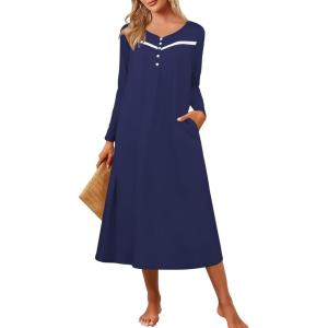 imageEkouaer Womens Long Sleeve Nightgown Full Length Pajama Dress with Pockets V Neck Nightshirts Lace Trim SleepwearNavy Blue