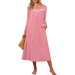 imageEkouaer Womens Long Sleeve Nightgown Full Length Pajama Dress with Pockets V Neck Nightshirts Lace Trim SleepwearPink