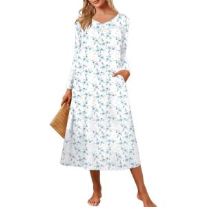 imageEkouaer Womens Long Sleeve Nightgown Full Length Pajama Dress with Pockets V Neck Nightshirts Lace Trim SleepwearWhite With Blue Flower