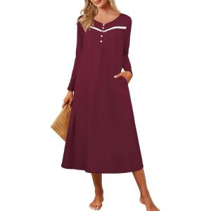 imageEkouaer Womens Long Sleeve Nightgown Full Length Pajama Dress with Pockets V Neck Nightshirts Lace Trim SleepwearWine Red