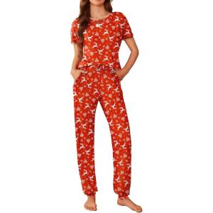 imageEkouaer Womens Pajama Sets Short Sleeve Lounge Sets for Women Printed Jogger Pajama Set 2 Piece Pj Sets With Pockets SXXLElk