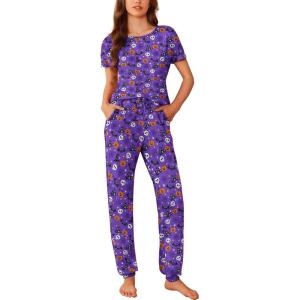 imageEkouaer Womens Pajama Sets Short Sleeve Lounge Sets for Women Printed Jogger Pajama Set 2 Piece Pj Sets With Pockets SXXLPurple Halloween Pattern