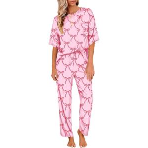 imageEkouaer Womens Satin Silky Pajama Set Short Sleeve Shirt with Long Pajama Pant Set Soft PJ LoungewearBow