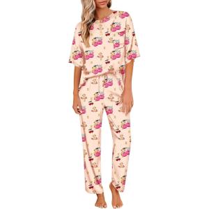 imageEkouaer Womens Satin Silky Pajama Set Short Sleeve Shirt with Long Pajama Pant Set Soft PJ LoungewearCherry Teddy