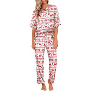 imageEkouaer Womens Satin Silky Pajama Set Short Sleeve Shirt with Long Pajama Pant Set Soft PJ LoungewearChristmas
