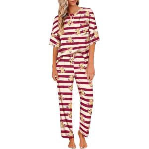 imageEkouaer Womens Satin Silky Pajama Set Short Sleeve Shirt with Long Pajama Pant Set Soft PJ LoungewearStriped Teddy