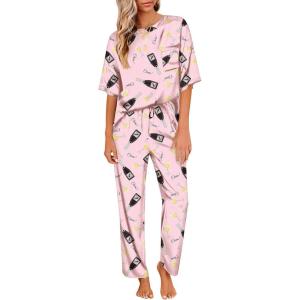 imageEkouaer Womens Satin Silky Pajama Set Short Sleeve Shirt with Long Pajama Pant Set Soft PJ LoungewearWine Glass